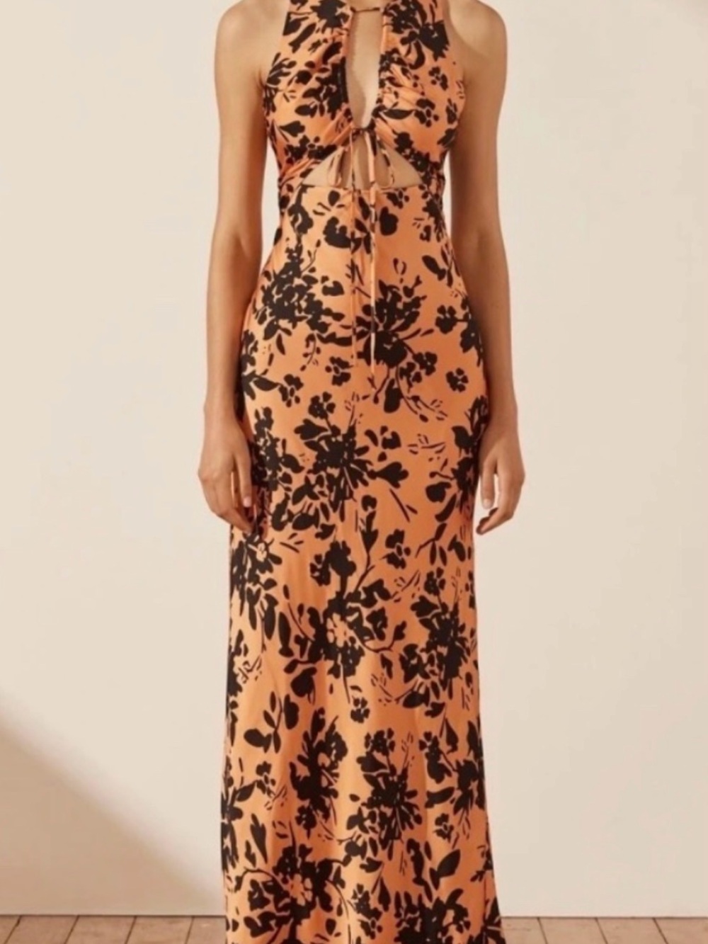 Shona Joy Orange & Black Floral Maxi Dress Cutout Ruched Front Open Back Sz 6